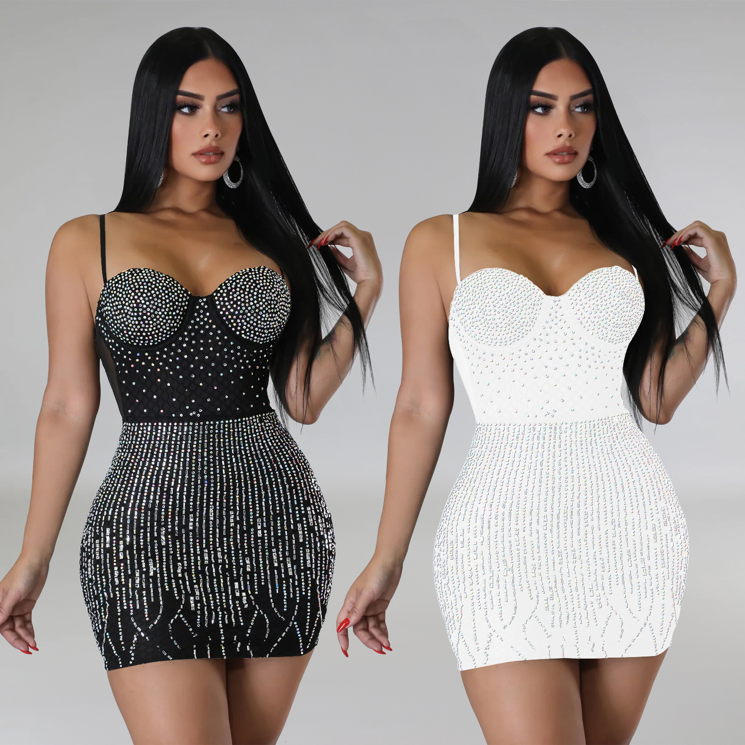 أزياء المرأة ارتداء شبكة حجر الراين الورك تنورة بلون فستان حبال بلا أكمام