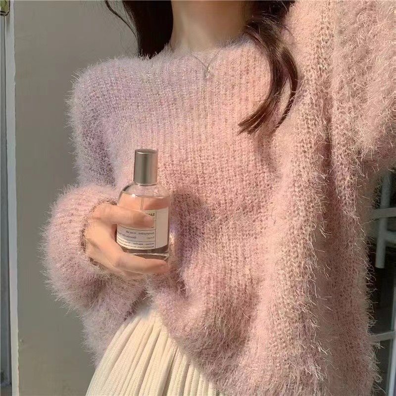 بلوفر نسائي برقبة دائرية وأكمام منتفخة لملابس خارجية تريكو أصغر سنًا