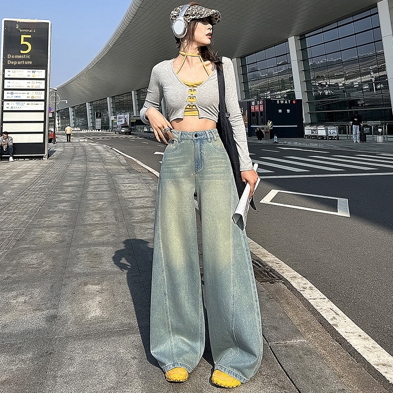 بنطال جينز نسائي واسع الساق على الطراز الأمريكي Retro High Street
