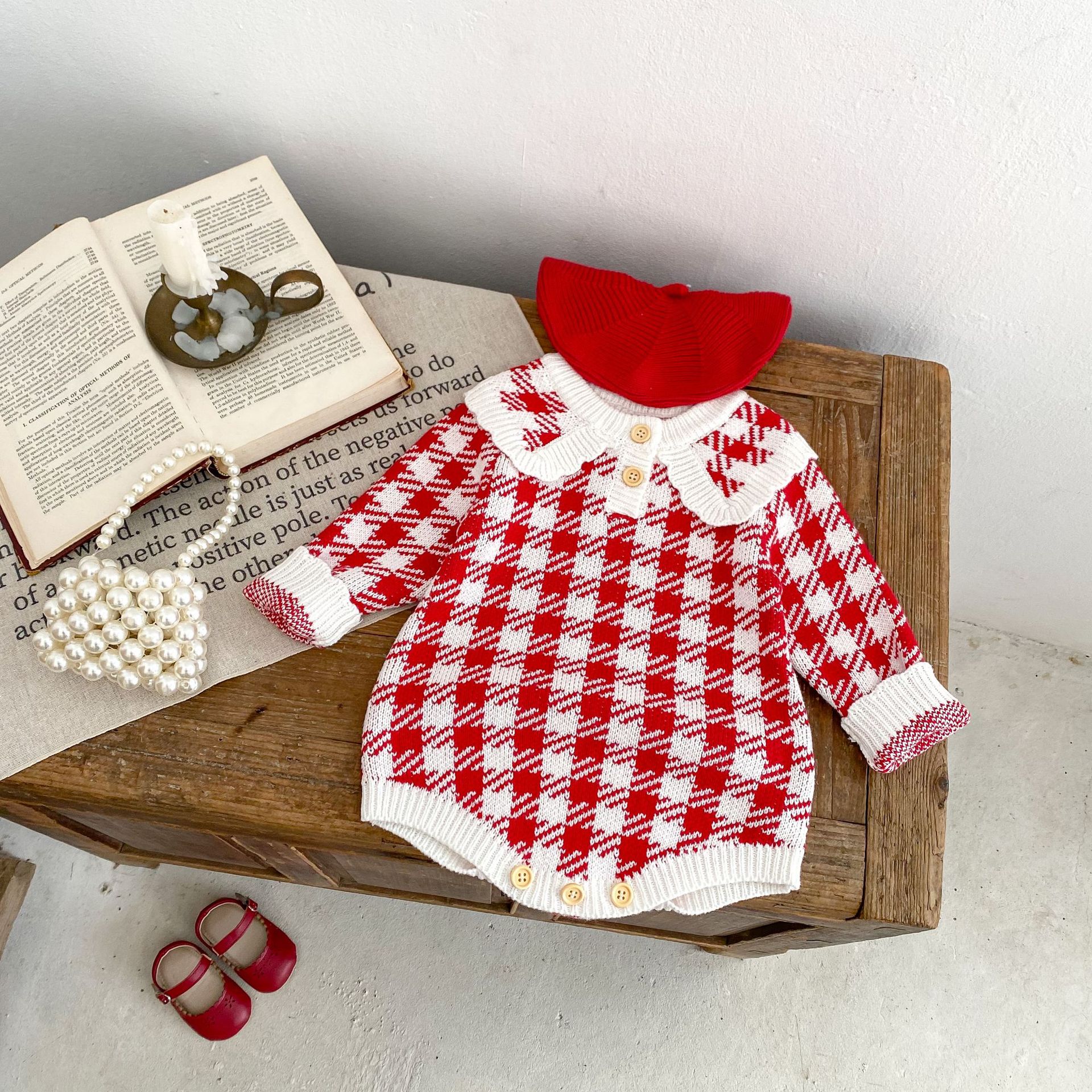 الخريف طفلة حمراء Houndstooth غزل القطن محبوك مثلث السروال القصير