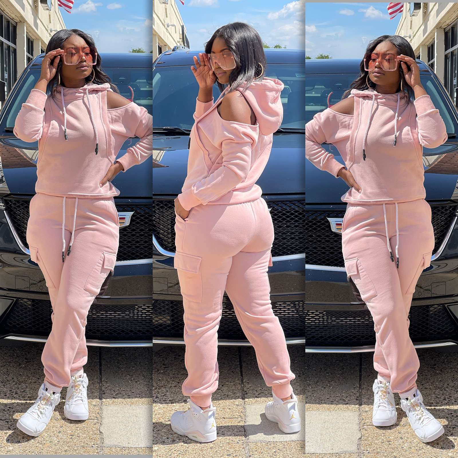 بدلة رياضية أوروبية وأمريكية، بدلة جري مكشوفة الكتف، بغطاء للرأس، وأكمام طويلة للخريف والشتاء