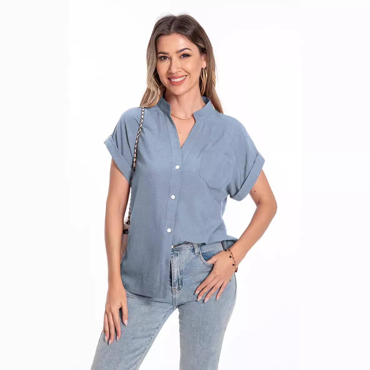 الوقوف طوق زر أزياء مريحة قصيرة الأكمام أعلى الصيف المرأة
