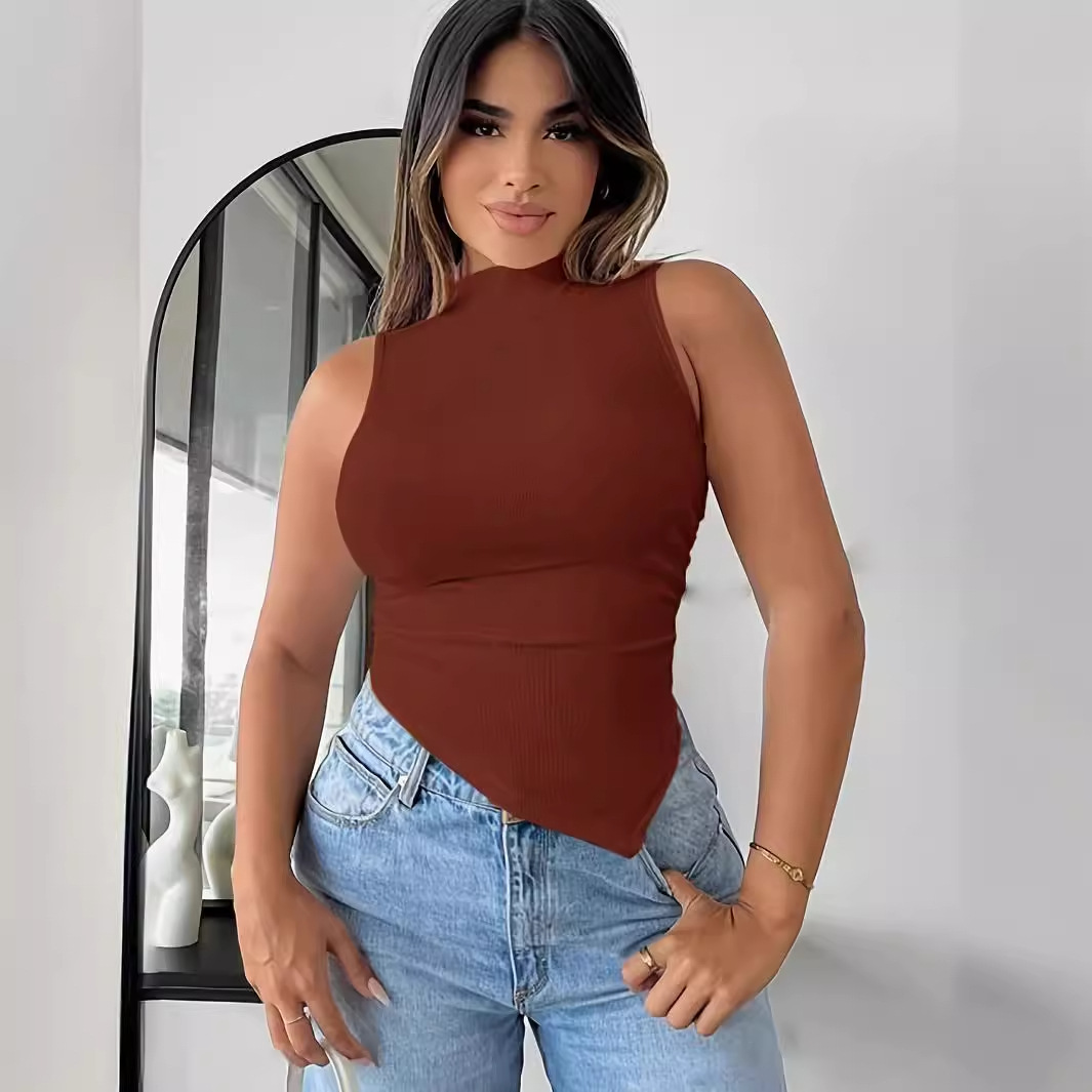 سترة نسائية محبوكة بدون أكمام من نسيج مضلع بلون خالص