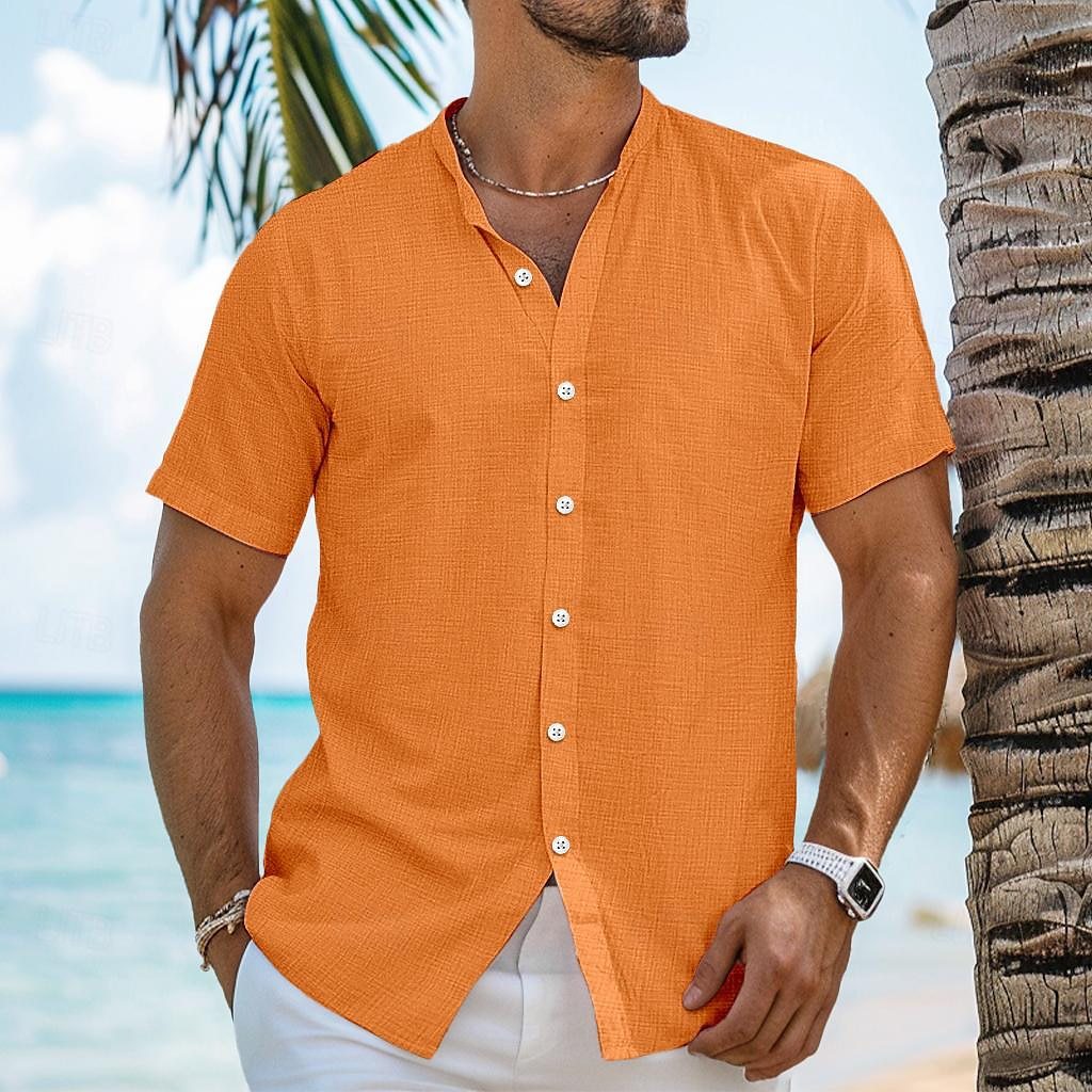 Men's Solid Color Cardigan Henry Collar Short Sleeve Cotton And Linen Shirt
