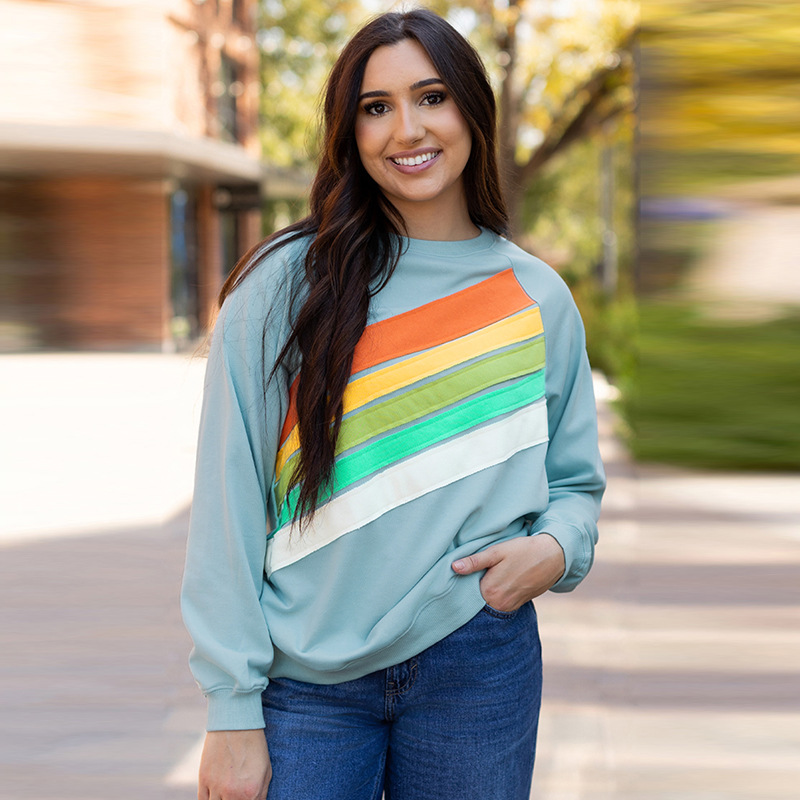قوس قزح مخطط البلوز عارضة فضفاضة طويلة الأكمام Sweatershirt